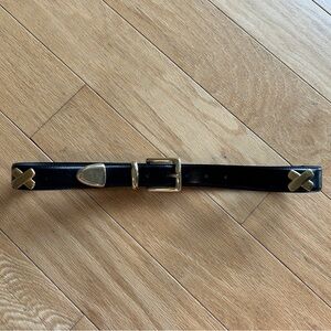 NWOT Taiwan Black Leather Belt Statement Gold Buckle & X Shaped Studs Small